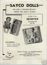 1947 PAPER AD Sayco Dolls Skintex Baby Doll Dorzar Plush Stuffed Animals