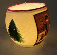 Christmas Painted Glass Round Votive Candle Holder Snowman Trees