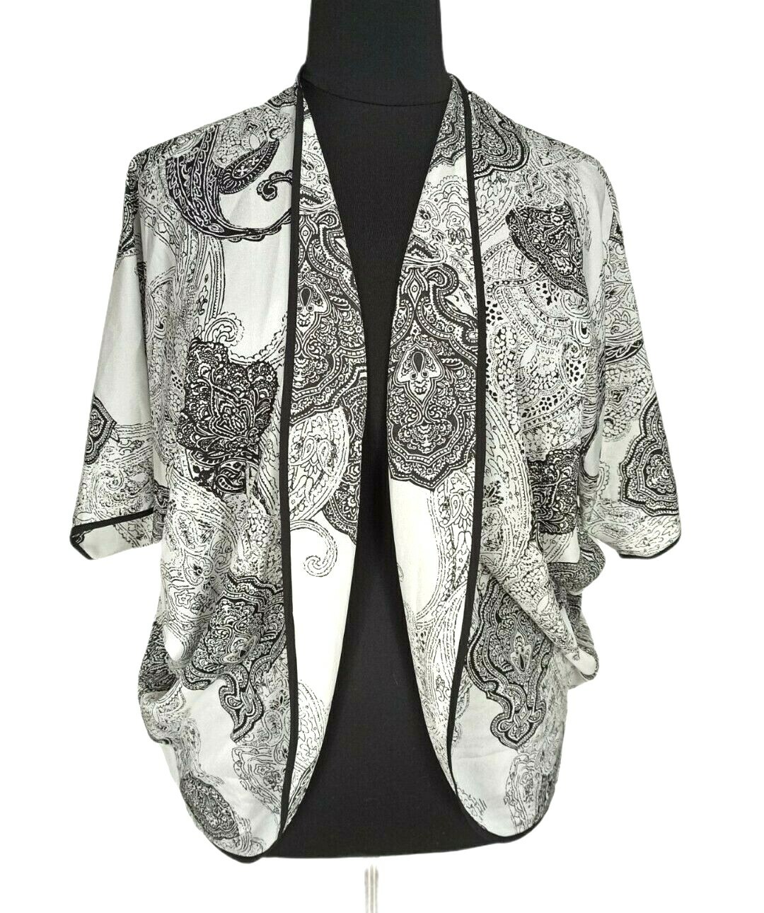 Chico's White Black Floral Open Front Jacket Short Sleeve Women Plus S/M