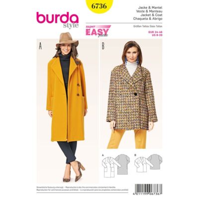 BURDA 6736 JACKE & MANTEL FEHLT Schnittmuster Gr. 8 - 20 Fähigkeit: SUPER EINFACH