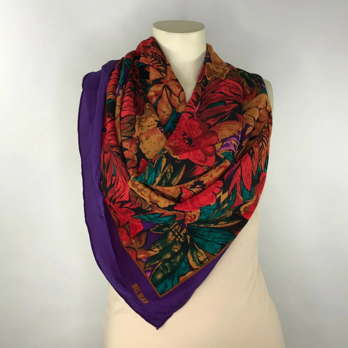 VTG Bill Blass Square Scarf Silk Wrap Hand Rolled Multicolor Floral 35