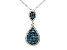 Blue Diamond Studded Tear Drop Necklace White Diamond Halo 14K White Gold