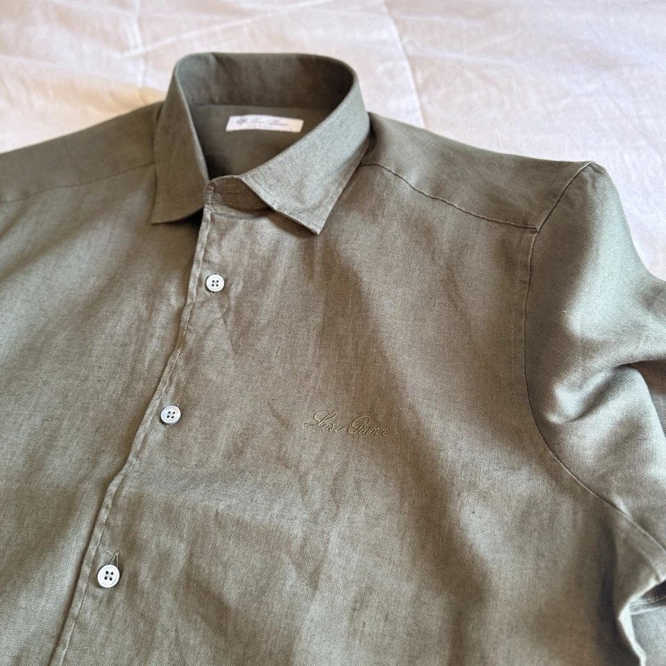 Camisa Loro Piana Lino Hombre Abotonada Talla Grande en Color Verde Oliva Foto 2 de 4