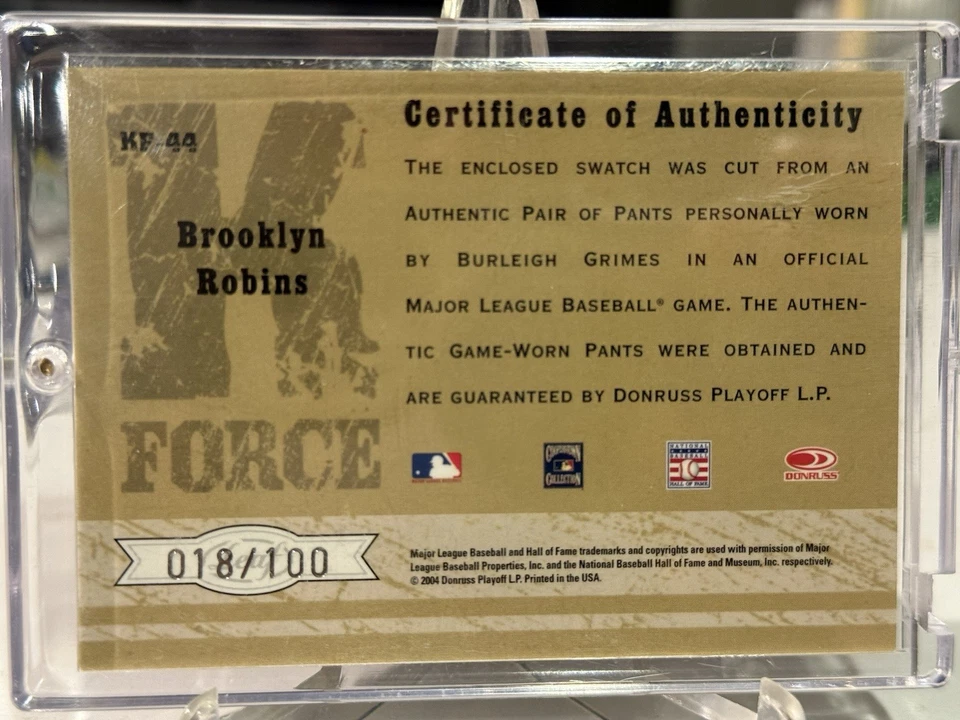 2004 Leaf Limited Cuts K Force Burleigh Grimes Game Worn Pants /100 KF-44 - Image 2 of 2