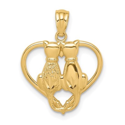 14k Yellow Gold Sitting Cats In A Heart Pendant