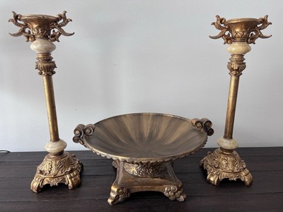 Vintage Heavy Gilded Pedestal Column Candlestick With Stone & Matching Bowl