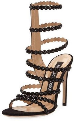 $1150 SERGIO ROSSI Black Suede Embellished Designer Evening Sandals 7 EUR 37.5