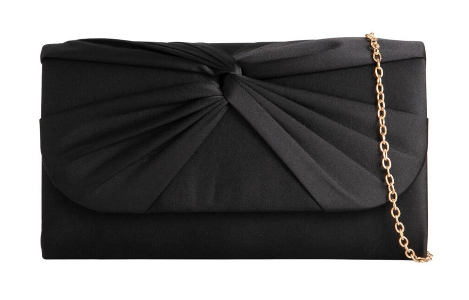 Women's Satin Pleated Evening Clutch Bag Bridal Wedding Party Prom Handbag Chain - Image 3 of 4