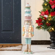 Glitzhome Christmas Porch Decor 28" Lighted Nutcracker Cupcake Pink Blue Pati...