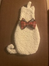 Cat Shape Christmas Pet Stocking Sherpa Cream/White Pocket Under Plaid Bow Tie