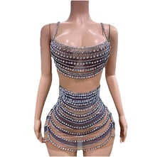 New Shinning Crystal Women Sleeveless Sexy See Through Bodycon Dress 6-8 Medium