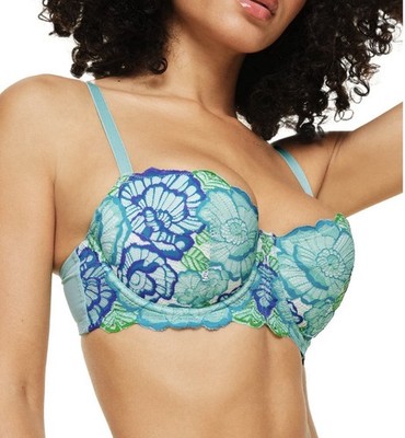 Adore Me 40D Underwired Balconette Bra Lace Mesh Floral Aqua Blue Green