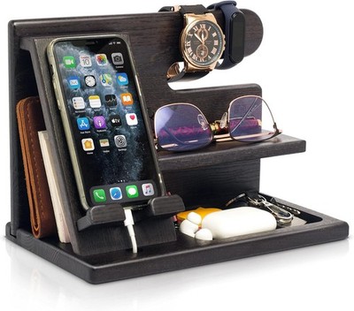 Teslyar Geschenke für Männer Holz Handy Dockingstation Schlüsselhalter Geldbörse schwarz 