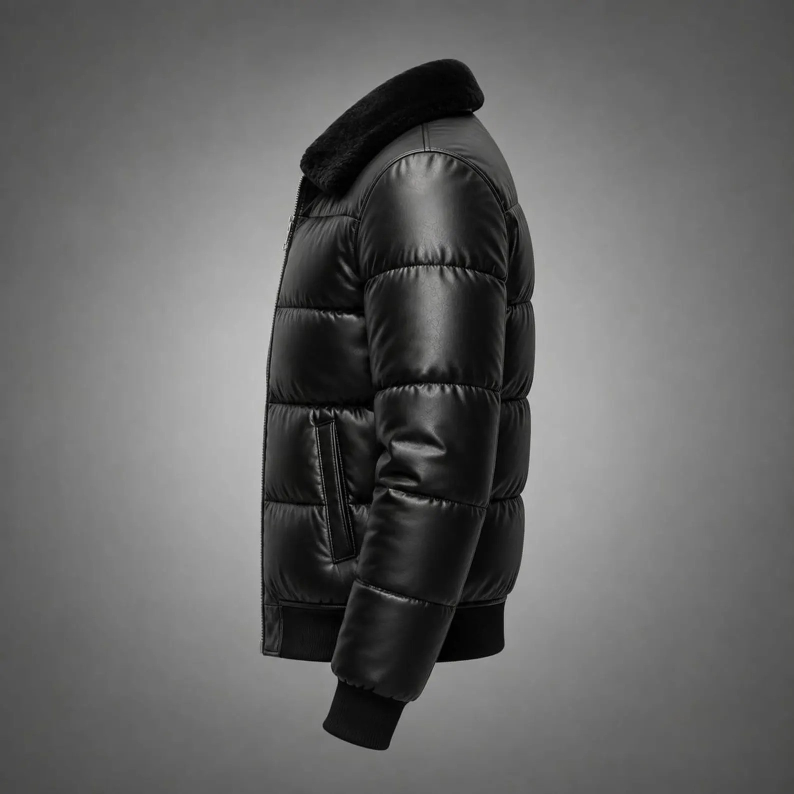 Mens Black Leather Puffer Coat Shearling  Fur faux Collar Quilted Bomber Winter - second product detail image