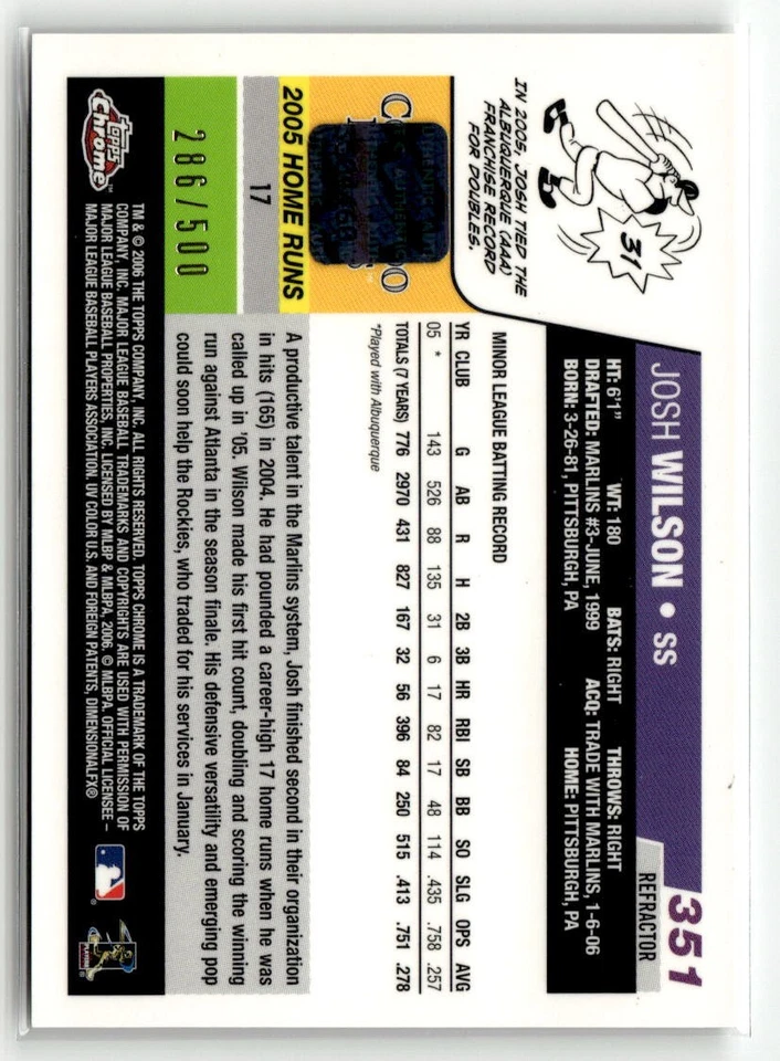 2006 Topps Chrome #351 Josh Wilson Refractors /500 Auto RC - Image 2 of 2