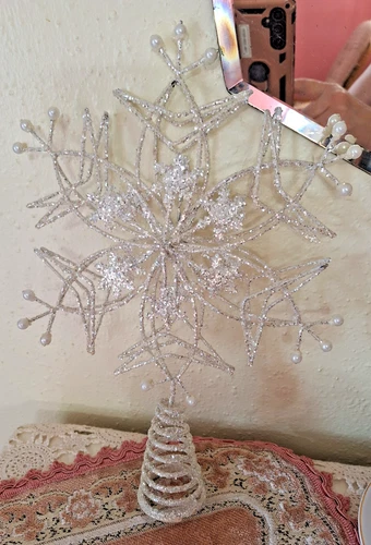 LARGE Snowflake Christmas Tree Topper White GLITTER Pearl Accents