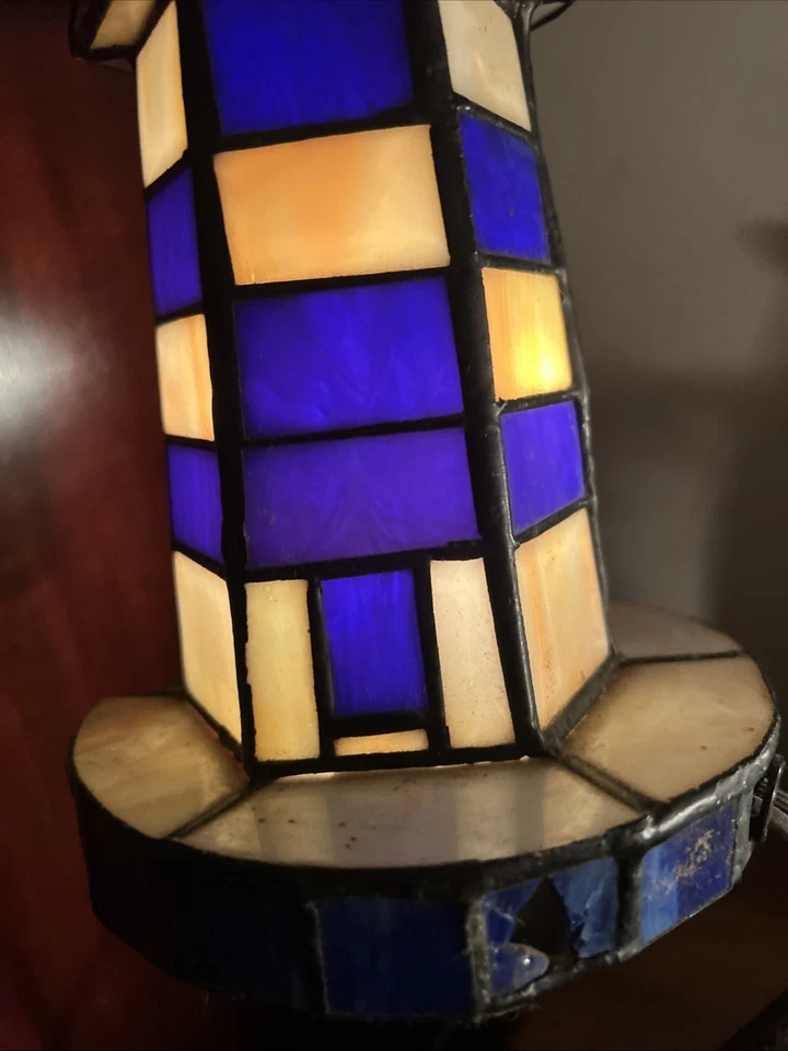 Stained Glass Lighthouse Lamp Cobalt Blue & White Tiffany-Style 9.5" X 5" - Image 4 of 4