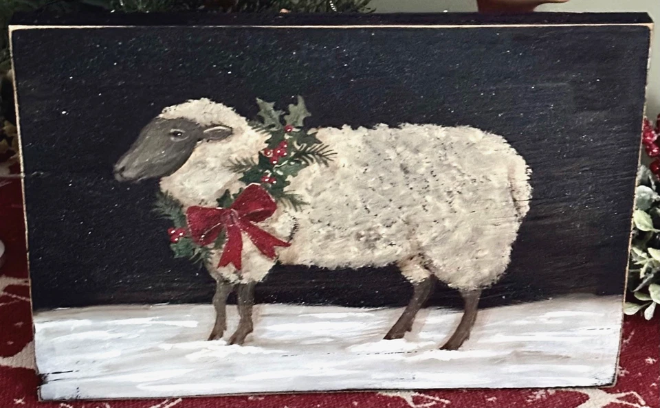 *~* HAND PAINTED HOLIDAY SHEEP *~* CHRISTMAS *~* RECLAIMED WOOD - Image 2 of 2