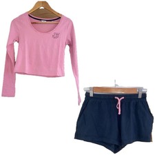 Jack Wills Dansford Pj Pyjama Set Pink Long Sleeve Top & Navy Shorts