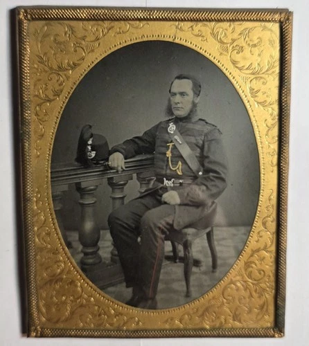 Antique Half-Plate Ambrotype Military British Volunteer Officer Photo 1860 Rare