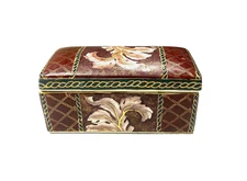 Vintage 1960s Asian Trinket Box Ceramic Glass Burundy Green Gold Vanity Decor