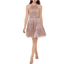 XSCAPE Pink Cocktail Dress Metallic Sleeveless Halter Mini Fit and Flare Size 14