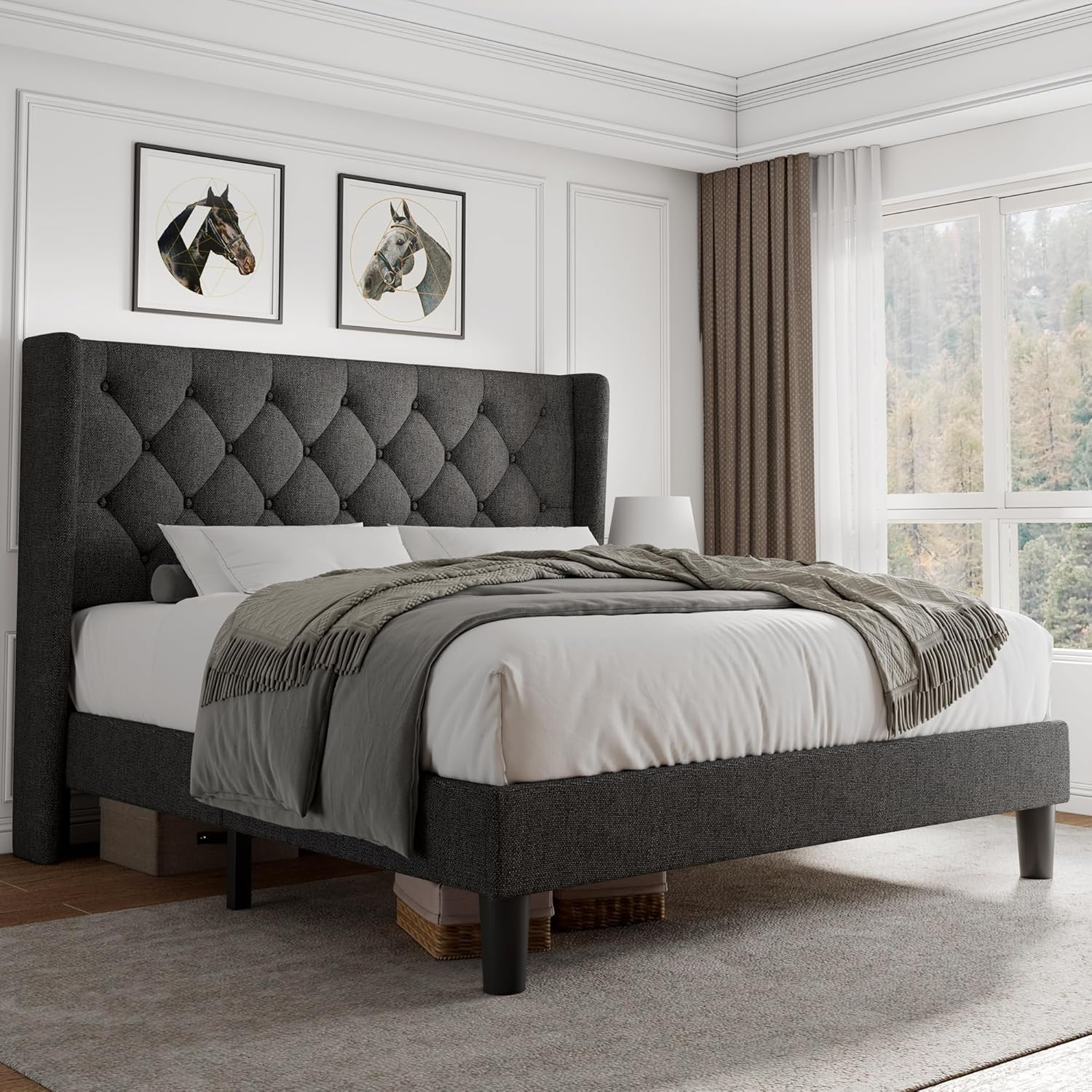 With Button Tufted Headboard Solid Wooden Slats 8"