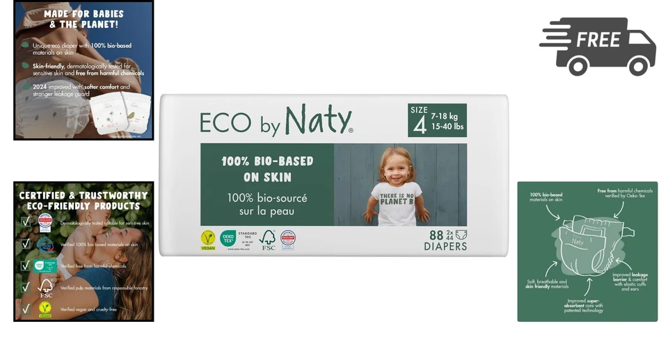 Eco-Friendly Baby Diapers Size 4 88 Count Soft Sensitive Skin Plant-Based - Image 2 of 4