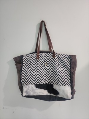 Myra Bag Canvas Tote Bag, Chevron Print, Cowhide Accent, Leather Straps, Western