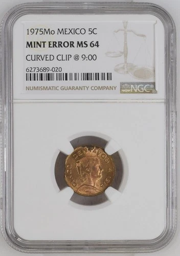 1975 Mexico 5 Centavo NGC Mint Error MS 64 Curved Clip @ 9:00