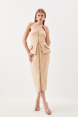 BNWT Karen Millen Compact Stretch Zip Pocket Detail Dress Camel Sz:12 RRP: £209