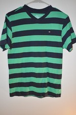 TOMMY HILFIGER Boy's T-Shirt V-Neck Green Stripes Size Medium/12-14- NWT