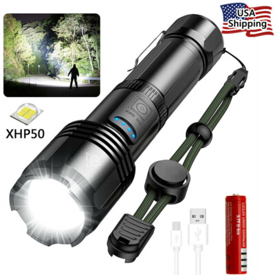 Super-Bright 90000LM LED Tactical Flashlight With Rechargeable Battery &Clip P50