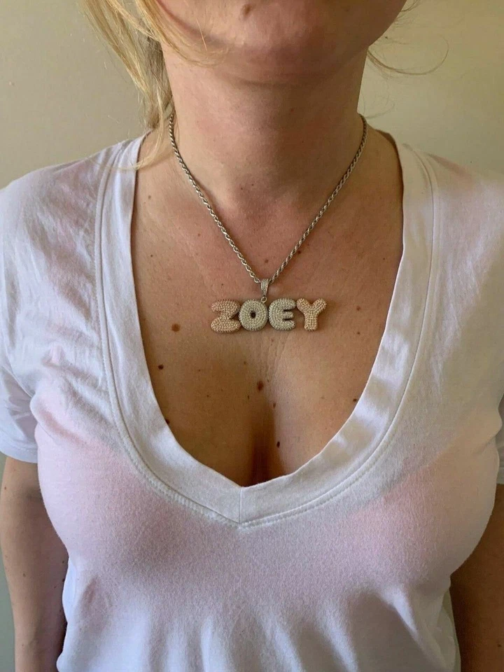 PLATA 925 MACIZA Personalizado Burbuja Letras Nombre Colgante Burbuja Circonita Helada Hombres Damas Foto 4 de 4