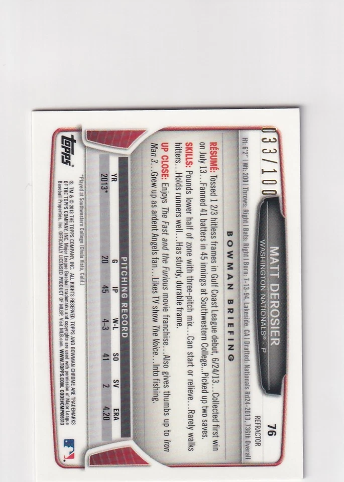 2013 BOWMAN CHROME XFRACTORS /100 RC MATT DEROSIER NATIONALS MINI SP RARE Z1588 - Image 2 of 2