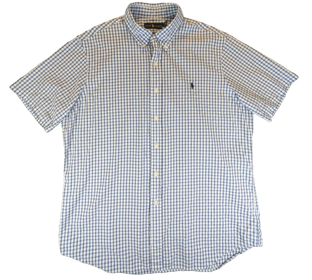Ralph Lauren Checkered Shirt XL Men's 100% Cotton Short Sleeve Button Down Blue