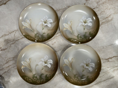 Set 4 - R. S. Germany - Hand Painted White Lily Flower Floral Plate Vintage