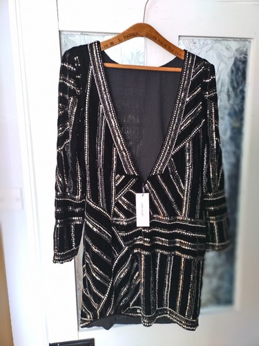 Karen Millen black velvet sequinned mini dress size 16 - Picture 3 of 10