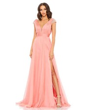 Ieena Mac Duggal 67811 CHIFFON BEADED CAP SLEEVE A LINE GOWN Sz 4 Coral Pink