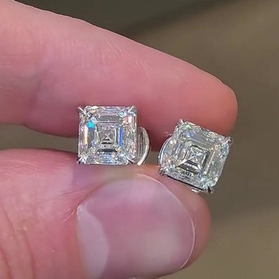 4.0tcw Asscher Cut VVS1 Moissanite Screw Back Stud Earring 14K White Gold Plated
