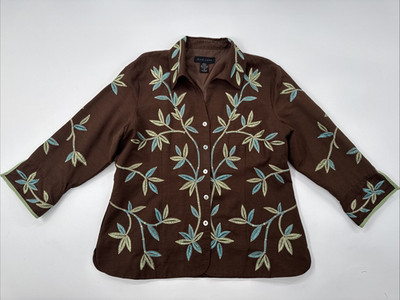 SilkLand Blazer Jacket Womens XL Silk Brown Floral Leaves Embroidered Lined Fall