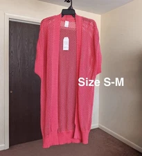 Women's Black Time and Tru Open Front Crochet Ruana, S-M, CORAL