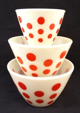 Vintage Fire King Red Polka Dot 3 Mixing Bowl Set 5.5 7.5 8.5 Anchor Hocking