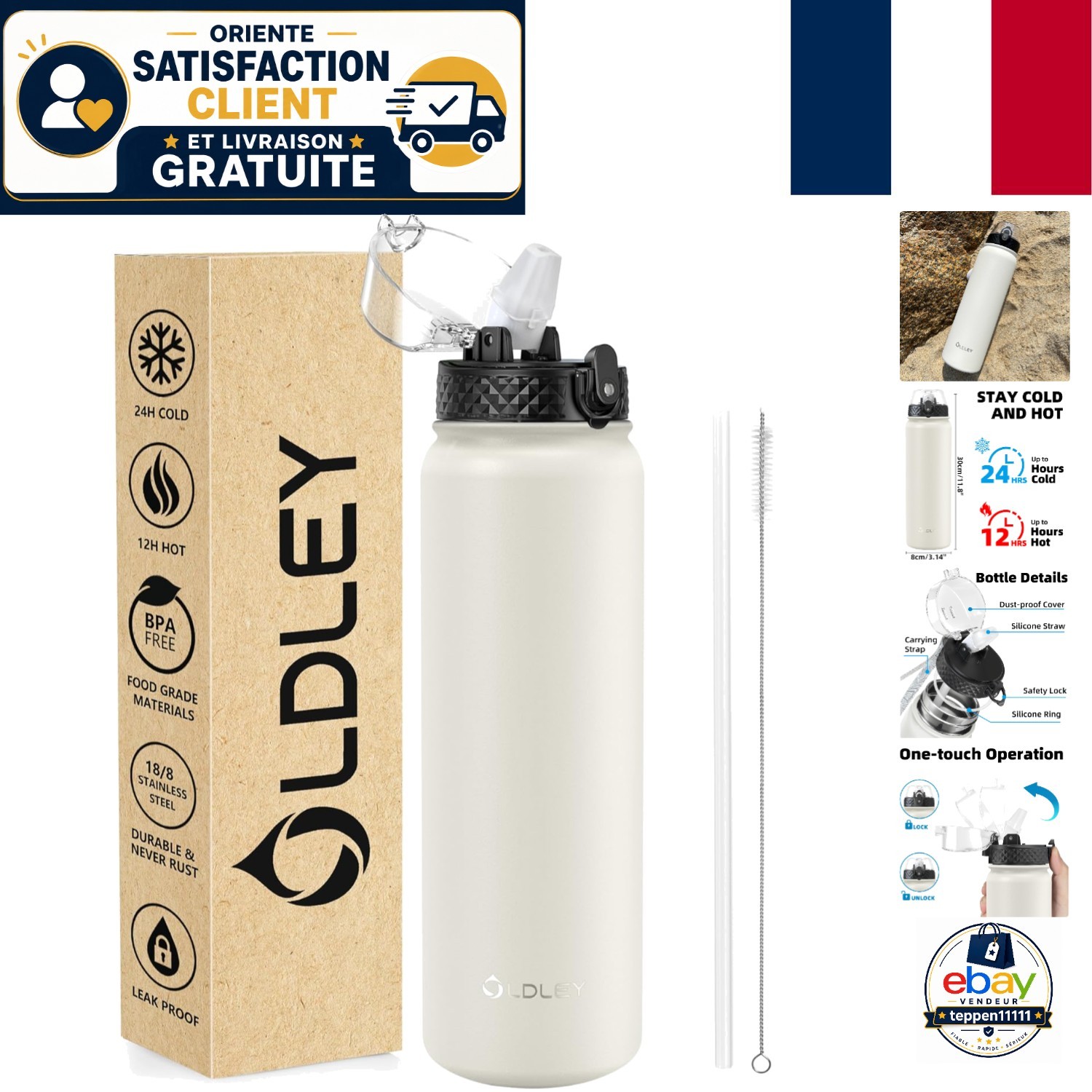 Bouteille isotherme 1L inox gourde réutilisable étanche pour randonnée et camping