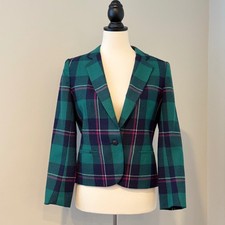 Vintage 80s Plaid Wool Blend Blazer Teal Green Navy Pink Petite Size 10