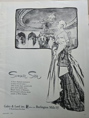 1951 Women's Pierre Balmain evening gown Galey & Lord Vintage fashion Art ad