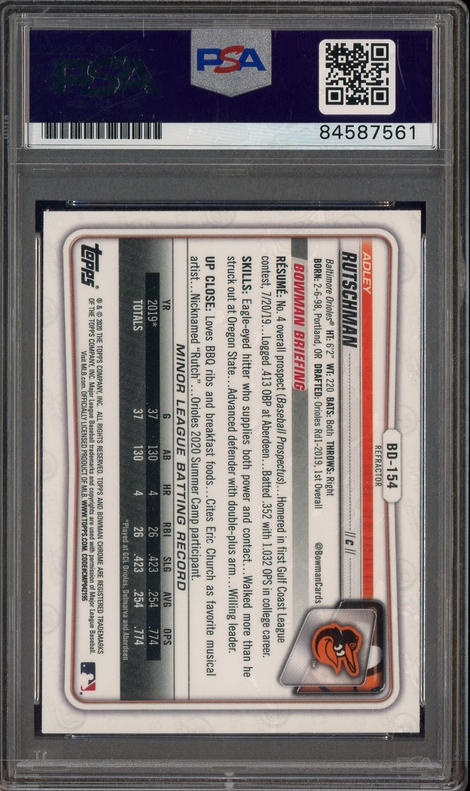 Adley Rutschman Signed 2020 Bowman Chrome Refractor RC Rookie PSA/DNA AUTO view 2