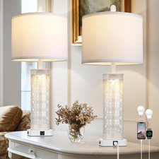 Set of 2 - 28 Inch White Print Glass Table Lamps with Night Light - Home Decor