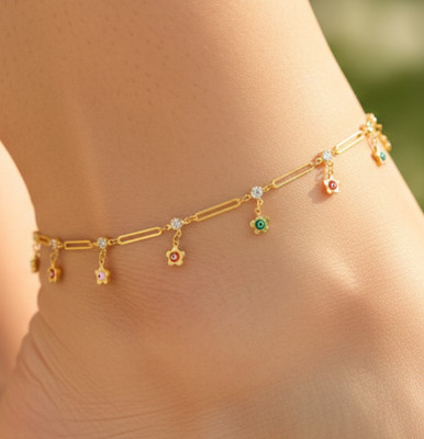 18K Gold Plated Paperclip Anklet Dainty CZ Accents & Colorful Enamel Flowers