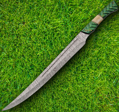 Damascus Emerald Tide Short Sword 15'' Damascus Steel Blade Sculpted Wood Handle